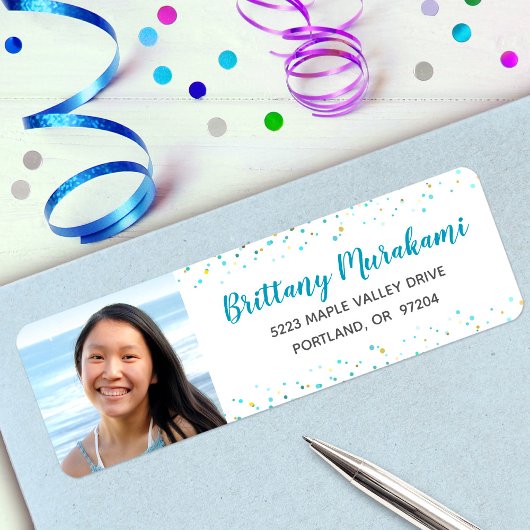 Étiquette Graduation photo turquoise script adresse moderne