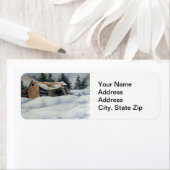 Étiquette Grange couverte de neige en hiver, paysage de pin (En situation)