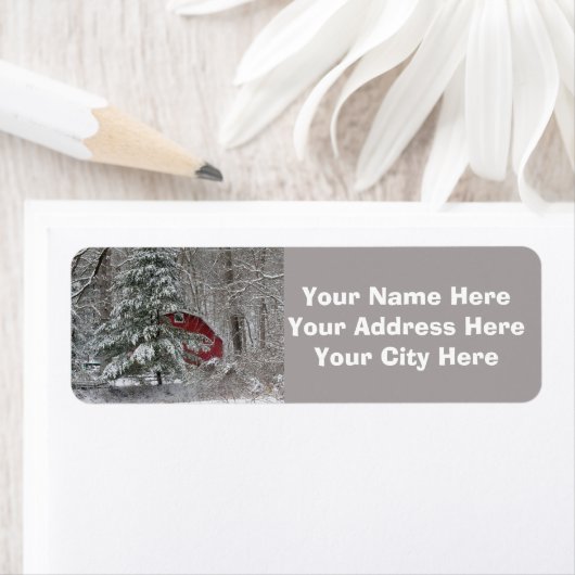 Étiquette Grange rouge neigeuse (En situation)