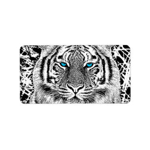 Étiquette Graphique noir et blanc de tigre d'yeux bleus