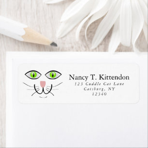 Étiquette Green Eyed Happy Chat Visage Dessin avec Whiskers