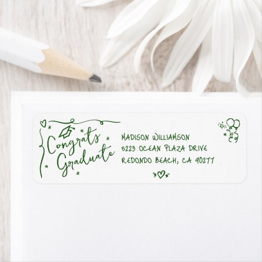 Étiquette Green Hand Drawn Doodle Graduation White Address (En situation)