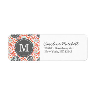 Étiquette Grey and Coral Floral Damask Adresse de retour