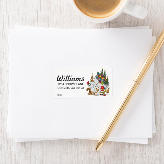 Étiquette Grinch classique | Grinch & Max avec Sleigh (En situation)