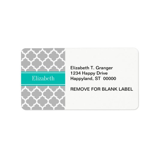 Étiquette Gris Blanc Marocain #5 Nom Turquoise Monogramme (Devant)