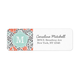 Étiquette Gris et menthe Retro Floral Damask Monogramme pers