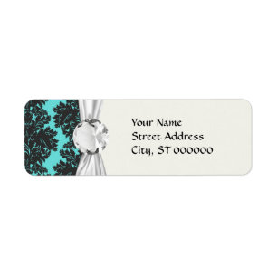Étiquette gris foncé sur bleu aqua fleurir motif damassé