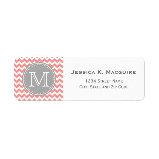 Étiquette Gris monogramme et corail rose Chevron (Devant)