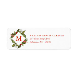 Étiquette Guirlande de houx de monogramme d'aquarelle de