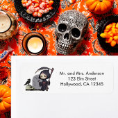 Étiquette Halloween gothique du corbeau éffrayant de faucheu