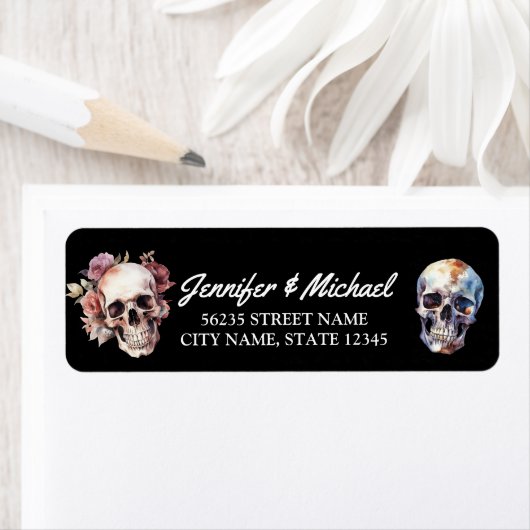 Étiquette halloween squelettes gothique mariage noir adresse (En situation)