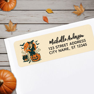 Étiquette Halloween Vintage sorcière Citrouille chauve-souri