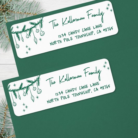 Étiquette Hand Drawn Green Christmas Return Address
