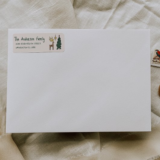 Étiquette Hand Painted Cream Christmas Tree Reindeer Address