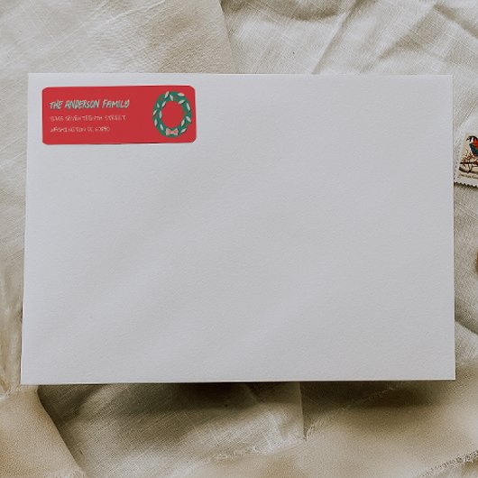 Étiquette Hand Painted Red Green Christmas Wreath Address