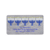 Étiquette Hanoukka Menorah Bleu Foncé Sur Faux Silver Bling (Devant)