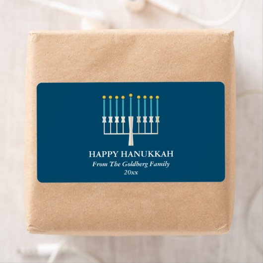 Étiquette Hanukkah Menorah in Blue Personalized (En situation)