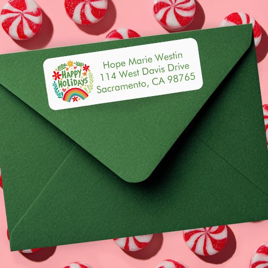 Étiquette Happy Holidays Arc-en-ciel - Main-dessinée Adresse