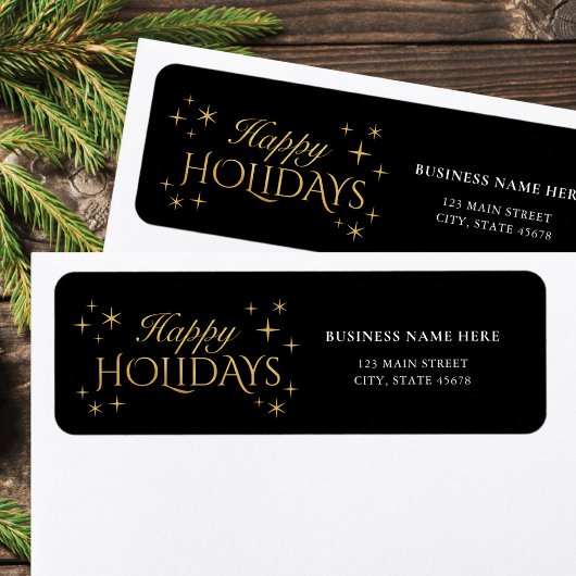 Étiquette Happy Holidays Black Gold Business Return Address