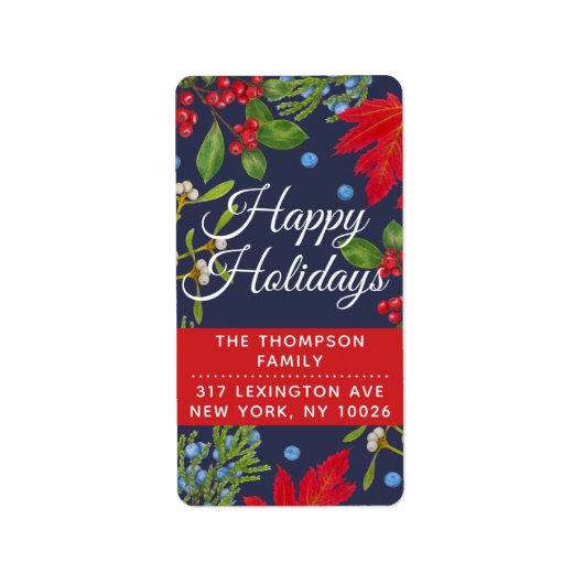 Étiquette Happy Holidays ・ Botanical Winter Plants Bright (Devant)