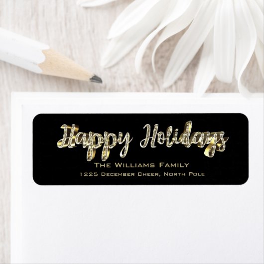 Étiquette Happy Holidays Chic Black and Gold Script (En situation)