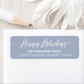 Étiquette Happy Holidays Script Blue Return Address Label (En situation)