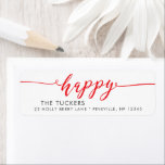 Étiquette HAPPY Script Red Holiday Christmas Return Adresse<br><div class="desc">Ce design simple présente l'accueil festif "heureux". Cliquez sur le bouton personnaliser pour plus de flexibilité dans la modification/ajout de texte/photos et d'éléments de conception ! Des variantes de cette conception ainsi que des produits de coordination sont disponibles dans notre boutique, zazzle.com/store/doodlelulu. Contactez-nous si vous avez besoin que cette conception...</div>