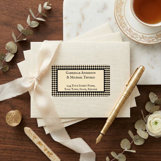 Étiquette Harlequin Black Cream Text Border Address Labels