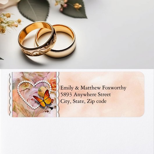 Étiquette Heart Orange Rose Papillons Couple Adresse