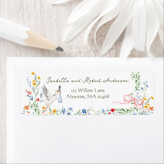 Étiquette Heirloom Rose Ribbon and Stork Baby Shower