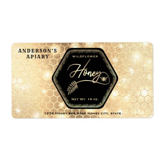 Étiquette Hexagon branche or abeille miel pot (Devant)