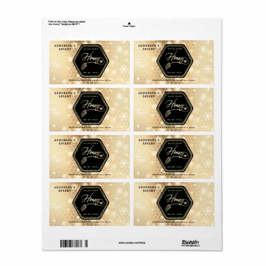 Étiquette Hexagon branche or abeille miel pot (Feuille entière)