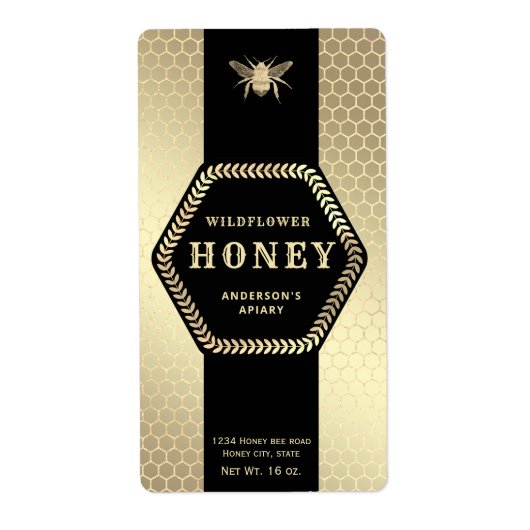 Étiquette Hexagon moderne branche or bee miel pot (Devant)