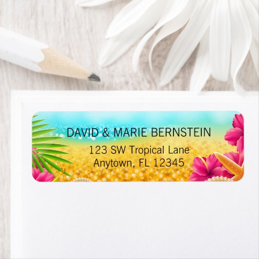 Étiquette Hibiscus rose de la plage tropicale (En situation)