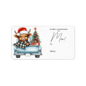 Étiquette Highland Cow Vintage Blue Truck Joyeux Noël (Devant)