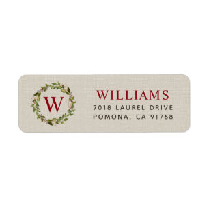 Étiquette Holiday Green Wreath Monogramme Adresse