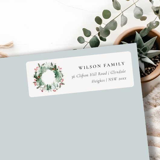 Étiquette Holly Berries Pine Snow Christmas Wreath Adresse