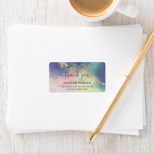 Étiquette Holographique or aquarelle script merci squar (En situation)