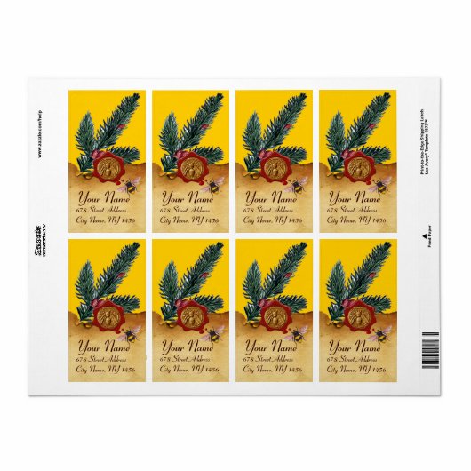 ÉTIQUETTE HONEY BEE AND PINE BRANCH, BEEKEEPER RED WAX SEAL (Feuille entière)