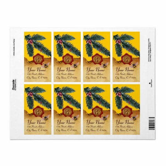 ÉTIQUETTE HONEY BEE AND PINE BRANCH, BEEKEEPER RED WAX SEAL (Feuille entière)