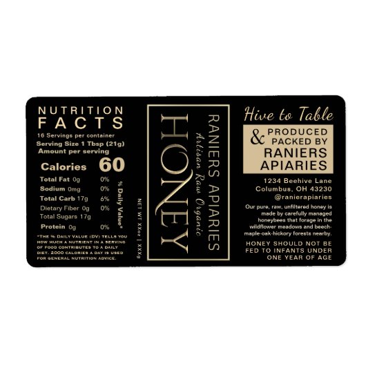 Étiquette Honey Hex 3-Panel Nutrition Facts & Infant Warning (Devant)