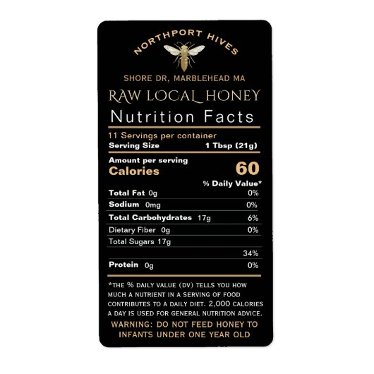 Étiquette Honey Nutrition bébé Avertissement & Bee Taille de (Devant)