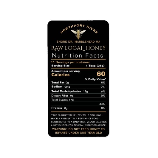 Étiquette Honey Nutrition Facts with Infant Warning & Bee    (Devant)