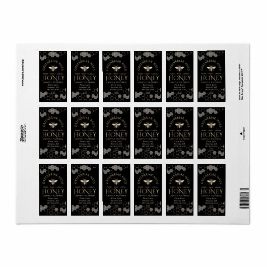 Étiquette Honeycomb Heraldique Bee Honey Métallo Or Noir (Feuille entière)