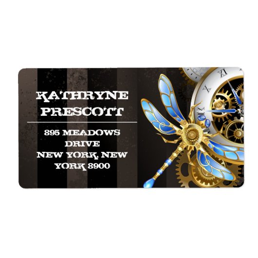 Étiquette Horloge à vapeur avec libellule mécanique (Devant)