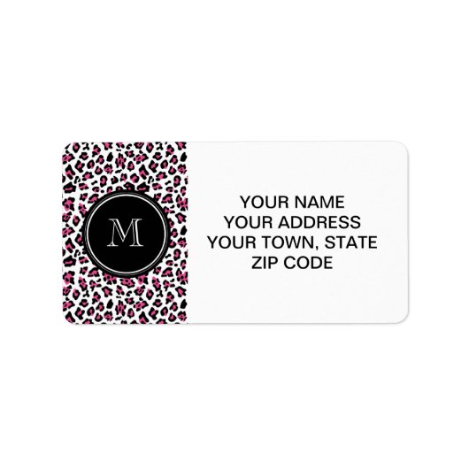 Étiquette Hot Pink Black Leopard Animal Print with Monogram (Devant)