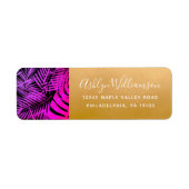 Étiquette Hot pink tropical palm leaf script gold address (Devant)