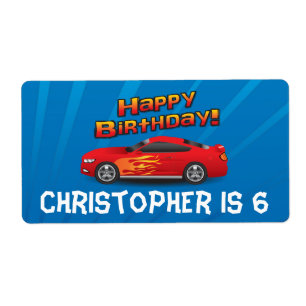 Étiquette Hot Red Race Car avec Flames Boy's Birthday Party