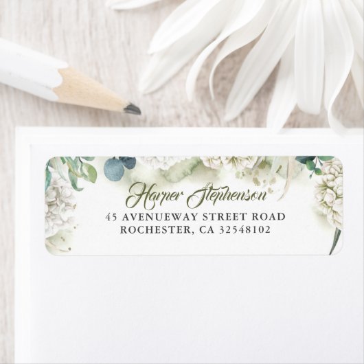 Étiquette Hydrangée blanche et verdure Moderne (En situation)