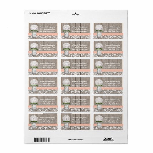 Étiquette Hydrangée blanche Monogramme Mason Jar en Pêche (Feuille entière)